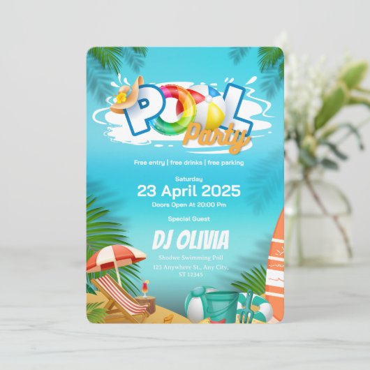 Fun Pool Party Invitation Kaart (Staand voorkant)