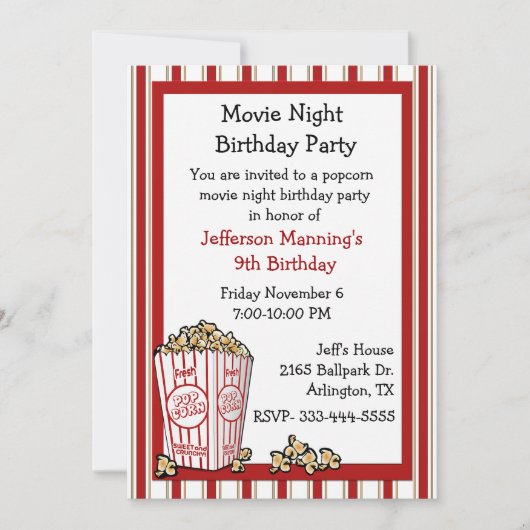 Fun Popcorn Birthday Party Invitation Kaart (Voorkant)