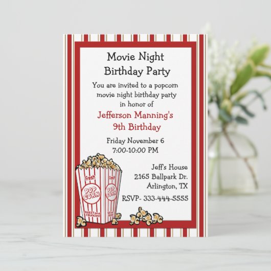 Fun Popcorn Birthday Party Invitation Kaart (Staand voorkant)