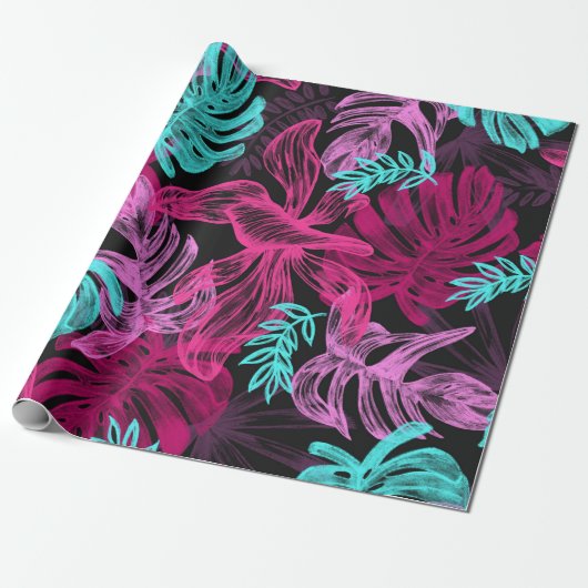 Fun Psychedelic en Ggloed Neon Leaves Cadeaupapier (Uitgerold)