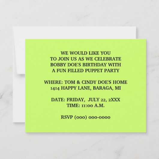 FUN PUPPET ARTIJ THEME BIRTHDAY INVITE INVITATION KAART (Achterkant)