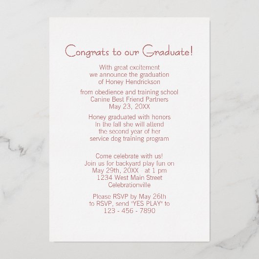 Fun Puppy School Gold Foil Afstuderen Aankondiging (Achterkant)