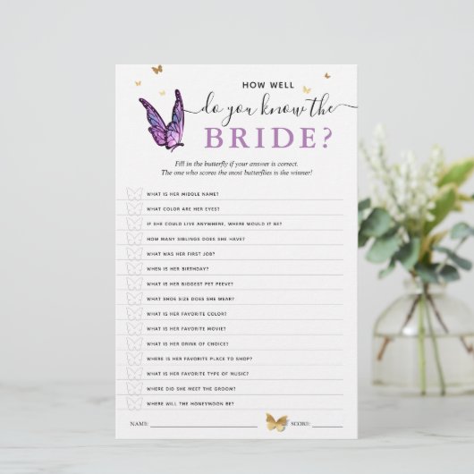 Fun Purple Watercolor Butterfly Bridal Shower Game (Staand voorkant)