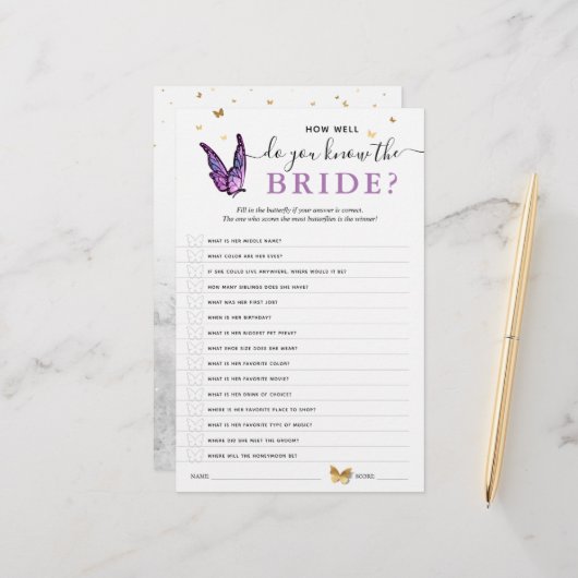 Fun Purple Watercolor Butterfly Bridal Shower Game (Voorkant / Achterkant in situ)
