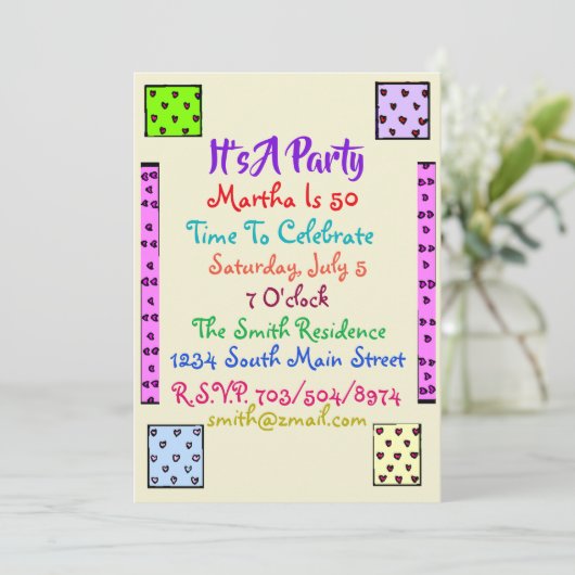 Fun Quilt Birthday Party Invitation Kaart (Staand voorkant)