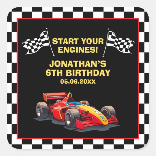 Fun Racing Driver Birthday Boy Vierkante Sticker (Voorkant)