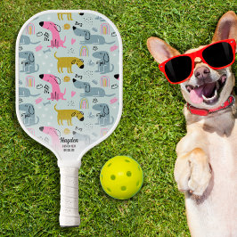 Fun Rainbow Dog Heart Doodles Persoonlijke tekst Pickleball Paddle