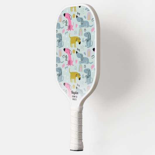 Fun Rainbow Dog Heart Doodles Persoonlijke tekst Pickleball Paddle (Links)