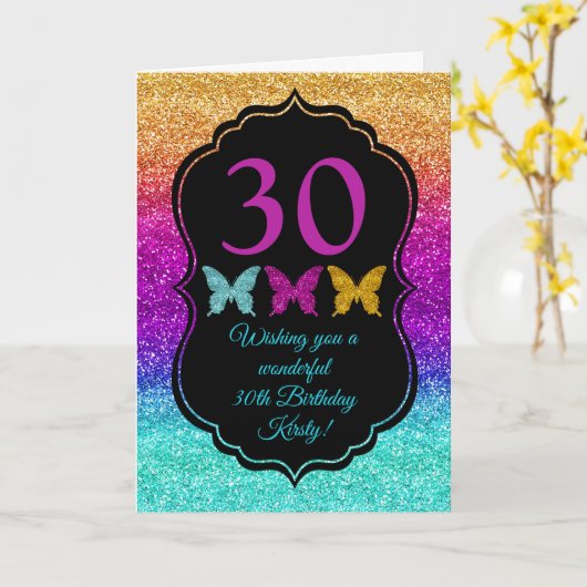 Fun Rainbow Gradient Glitter Sparkle Birthday Kaart (Gele Bloem)