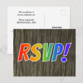 Fun Rainbow Letters "RSVP!" + Faux Wood Kijk! Briefkaart (Voorkant / Achterkant)