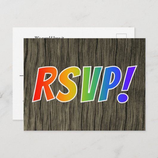 Fun Rainbow Letters "RSVP!" + Faux Wood Kijk! Briefkaart (Voorkant / Achterkant)