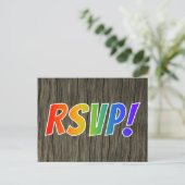 Fun Rainbow Letters "RSVP!" + Faux Wood Kijk! Briefkaart (Staand voorkant)