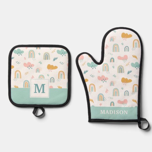 Fun Rainbow & Rain Cloud Pattern Ovenwant & Pannenlap Set (Voorkant)