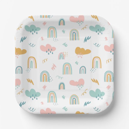 Fun Rainbow & Rain Cloud Pattern Papieren Bordje (Voorkant)