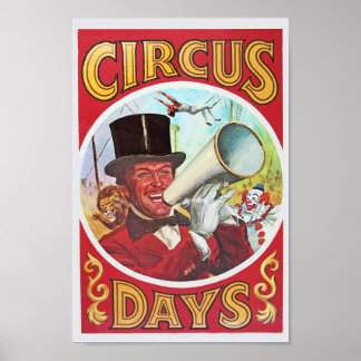 Fun red and gold circus poster met daarop te schri