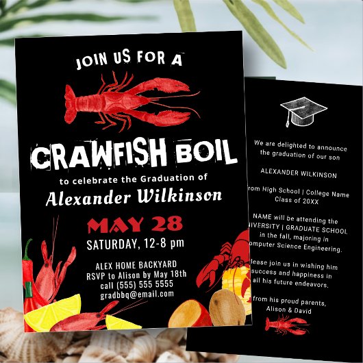 Fun Red Black Crawfish Boil Afstuderen BBQ Kaart