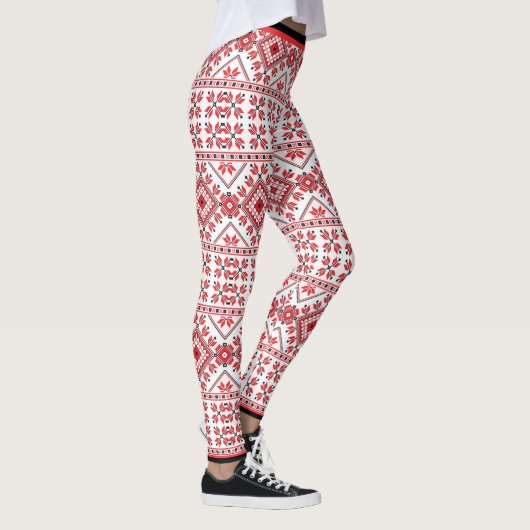 Fun Red Black Nordic Fair Isle Snowflake Motif Leggings (Rechts)