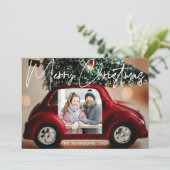 Fun Red Car Merry-kerstfotokaart Kaart (Staand voorkant)