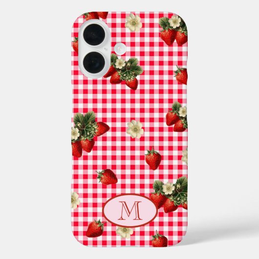 Fun Red Gingham Aardbeien Custom Monogram Case-Mate iPhone Case (Achterkant)