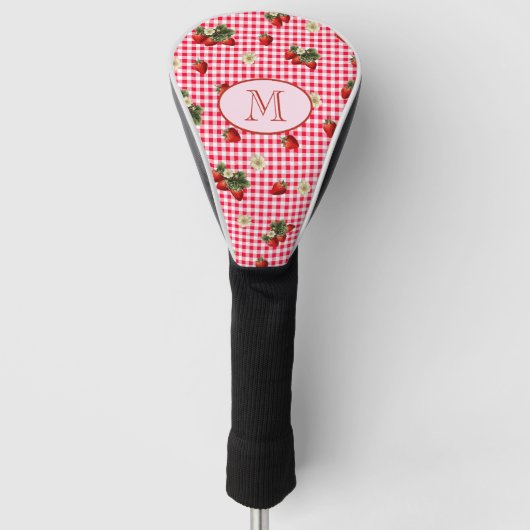 Fun Red Gingham Aardbeien Custom Monogram Golfheadcover (Voorkant)