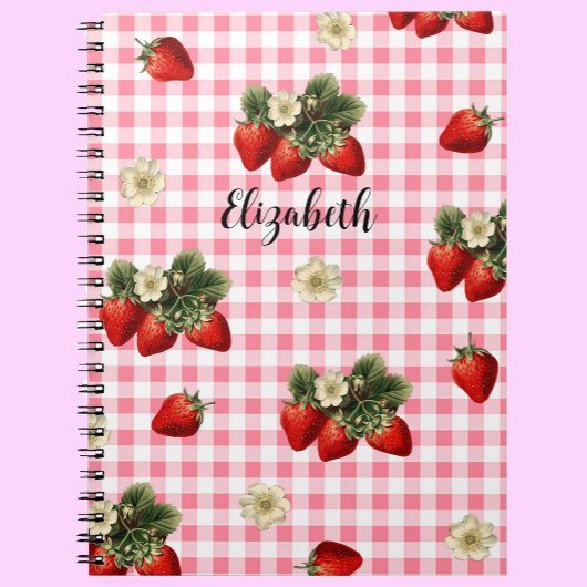 Fun Red Gingham Strawberry Custom Name Notitieboek