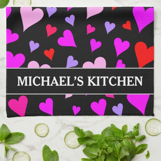 Fun Red, Roze, Paars en Magenta Hearts Patroon Theedoek (Gevouwen)