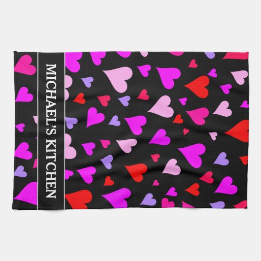 Fun Red, Roze, Paars en Magenta Hearts Patroon Theedoek (Horizontaal)