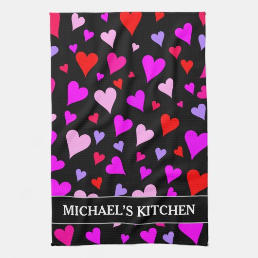 Fun Red, Roze, Paars en Magenta Hearts Patroon Theedoek (Verticaal)