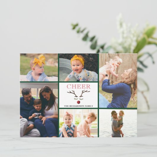 Fun Red Script CHEER Whimsical Reindedarfoto Feestdagenkaart (Staand voorkant)