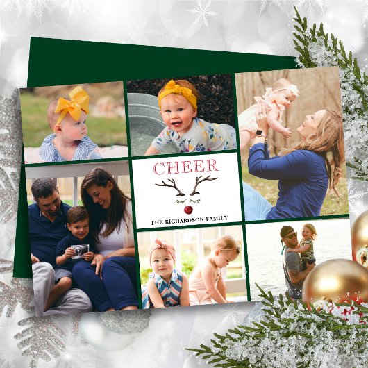 Fun Red Script CHEER Whimsical Reindedarfoto Feestdagenkaart