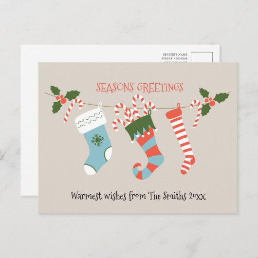 Fun Red Script Green Stockings Candy Cane Floral Briefkaart (Voorkant / Achterkant)