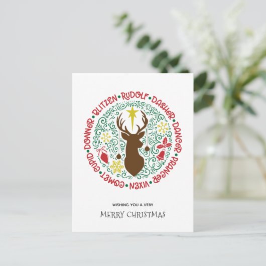 Fun Red Script Santa Reindeer Name met kerstnaam Feestdagenkaart (Staand voorkant)