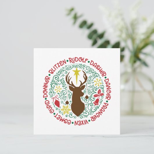 Fun Red Script Santa Reindeer Name met kerstnaam Feestdagenkaart (Staand voorkant)