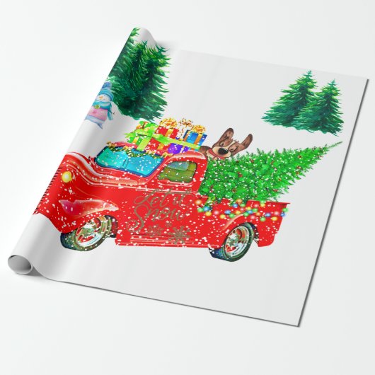 Fun Red Truck Snowmen, Dog Kerstmis Cadeaupapier (Uitgerold)