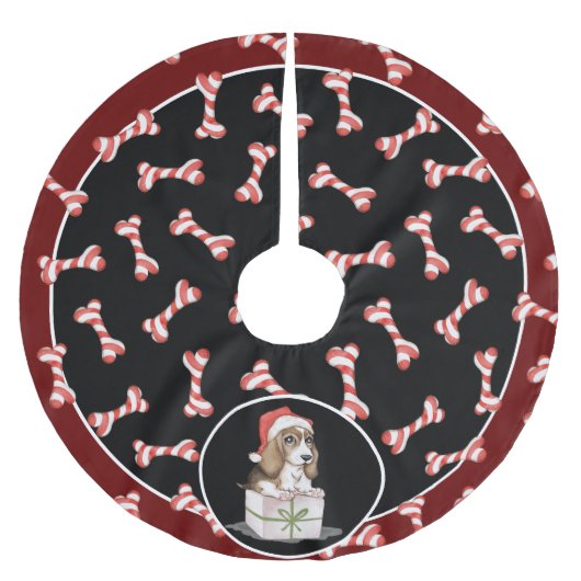 Fun Red & White Striped Dog Bone, Santa Dog Kerstboom Rok (Voorkant)