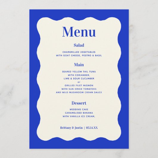 Fun Retro Blue Modern Wavy Wedding Menu Kaarten (Voorkant)
