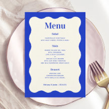 Fun Retro Blue Modern Wavy Wedding Menu Kaarten