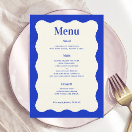 Fun Retro Blue Modern Wavy Wedding Menu Kaarten