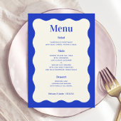 Fun Retro Blue Modern Wavy Wedding Menu Kaarten
