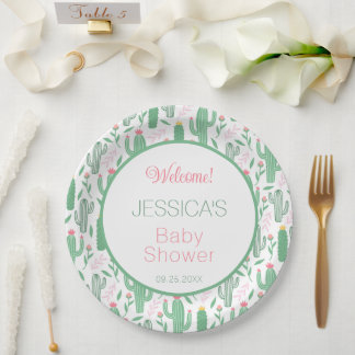 Fun Retro Cactus Succulent Floral Baby shower Papieren Bordje