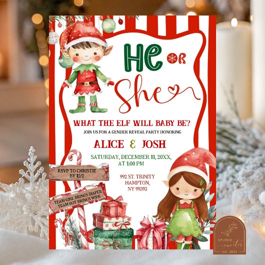 Fun Retro Christmas Elves Gender Reveal Kaart