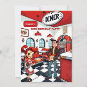 Fun Retro Diner Birthday Party Red White Rocker Kaart (Voorkant)