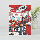 Fun Retro Diner Birthday Party Red White Rocker Kaart (Staand voorkant)