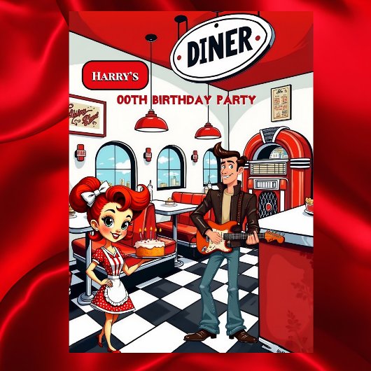 Fun Retro Diner Birthday Party Red White Rocker Kaart