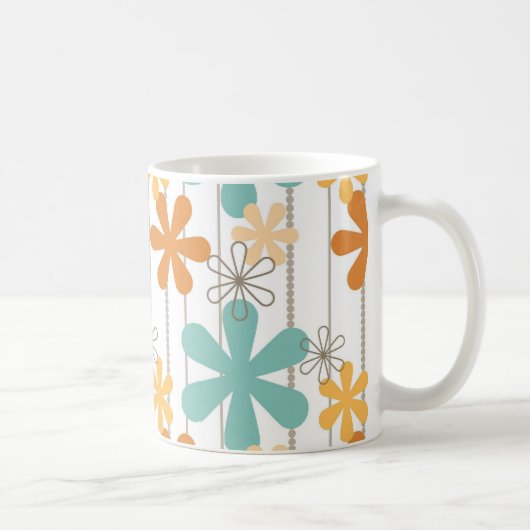 Fun Retro Floral Pattern Oranje Blue Wall Flowers Koffiemok (Rechts)