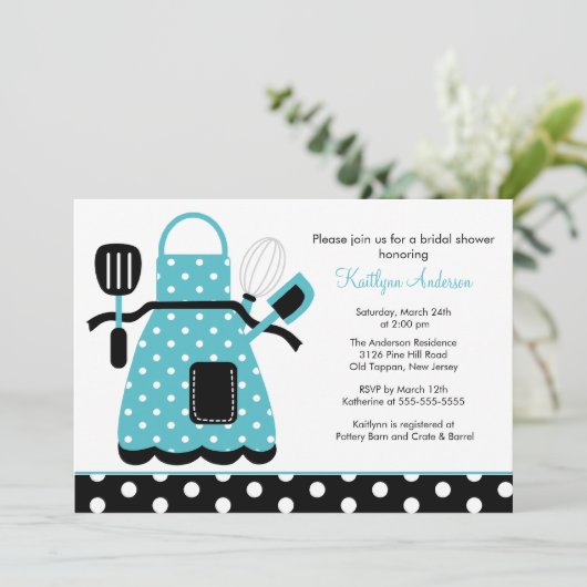 Fun Retro Kitchen Bridal Shower Invitation Blue Kaart (Staand voorkant)