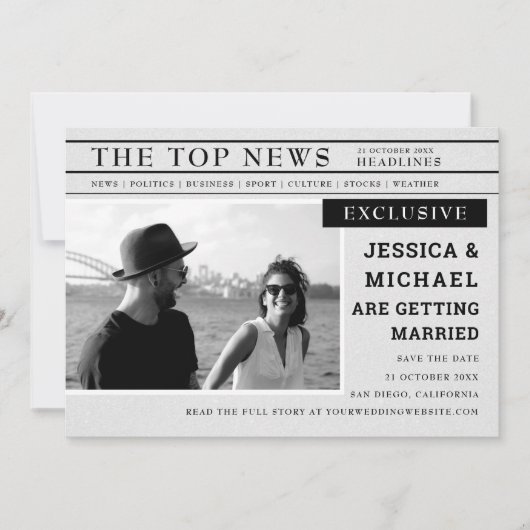 Fun Retro Newspapier Page News Black White Foto Save The Date (Voorkant)