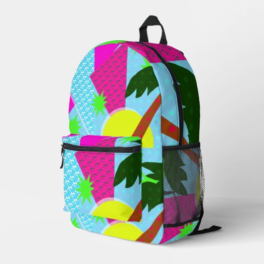 Fun Retro Palm Neon Epic Eighties Patroon Bedrukte Rugzak (Achterkant Hoek Rechts)