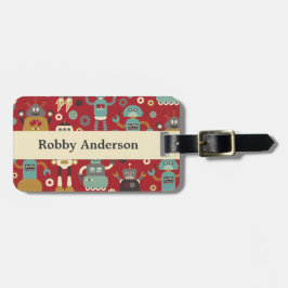 Fun Retro Robots Illustrated Pattern (Red) Bagagelabel