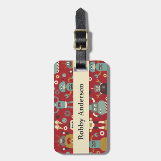 Fun Retro Robots Illustrated Pattern (Red) Bagagelabel (Voorkant verticaal)